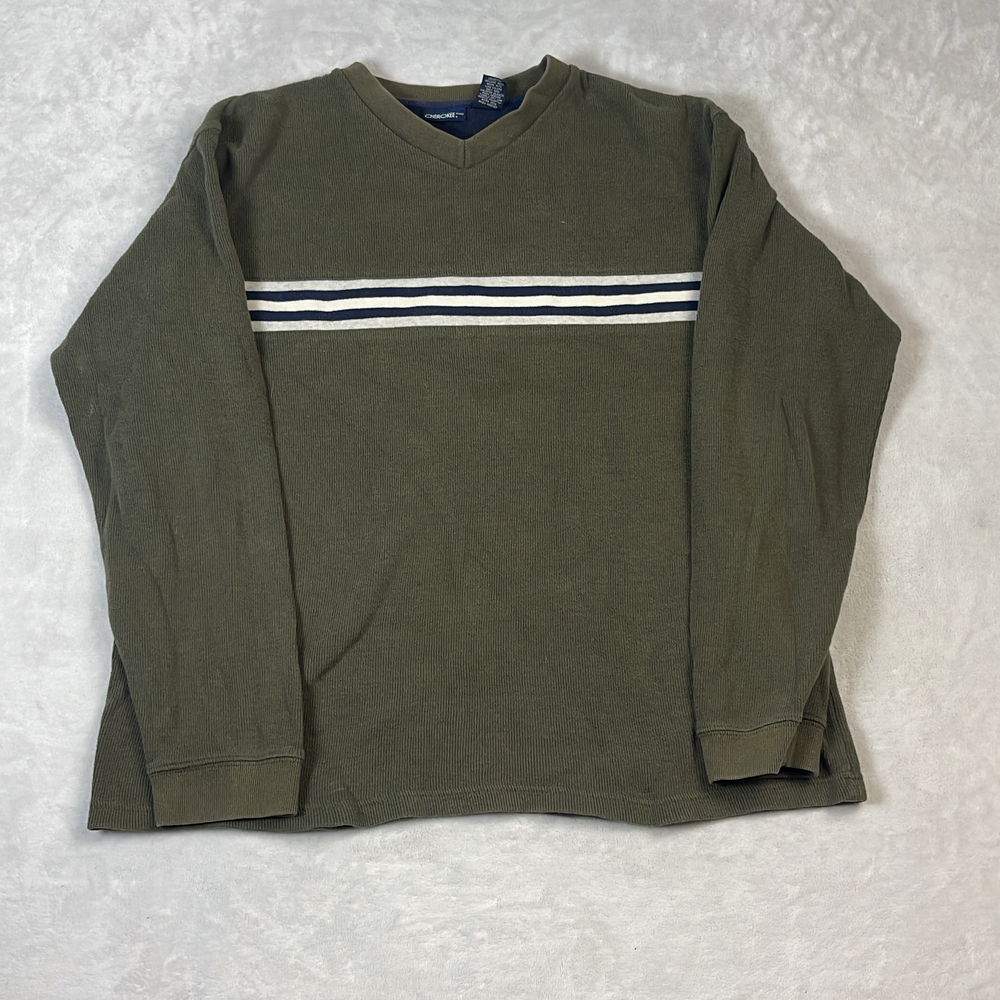 Cherokee Men's Sweater Khaki Green Size M V-Neck Striped 100% Cotton Ribbed Y2K